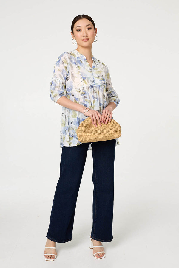 Blue | Floral Lace 3/4 Sleeve Ruched Blouse