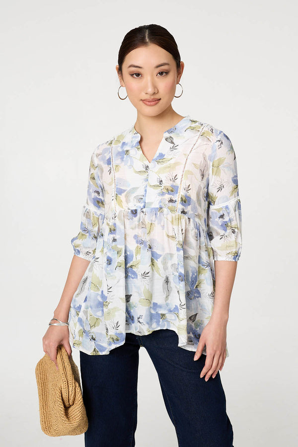 Blue | Floral Lace 3/4 Sleeve Ruched Blouse