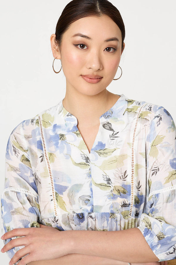 Blue | Floral Lace 3/4 Sleeve Ruched Blouse