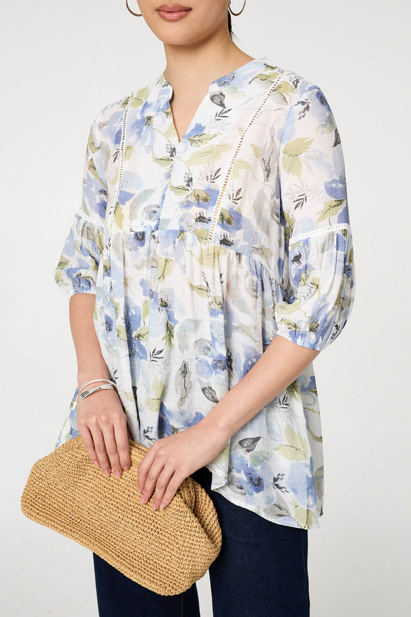 Blue | Floral Lace 3/4 Sleeve Ruched Blouse