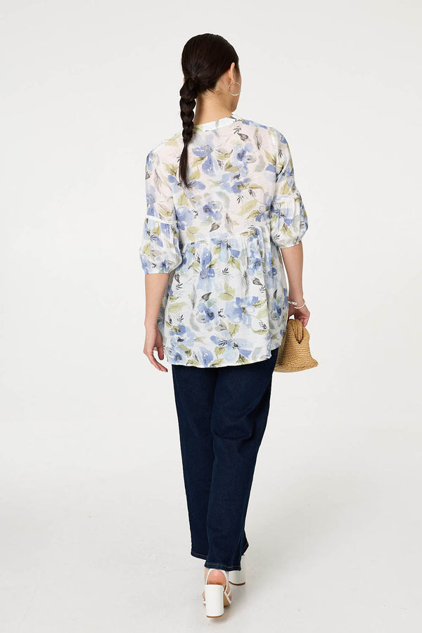 Blue | Floral Lace 3/4 Sleeve Ruched Blouse