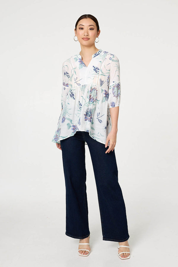Blue | Floral Lace Ruched 3/4 Sleeve Blouse