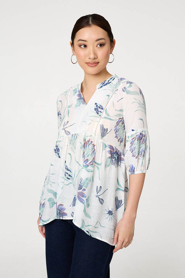 Blue | Floral Lace Ruched 3/4 Sleeve Blouse