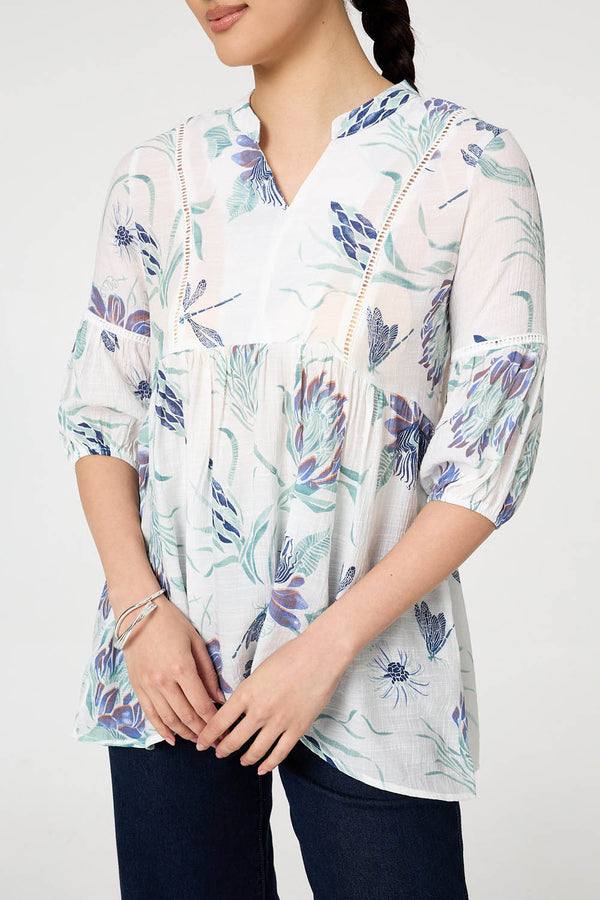 Blue | Floral Lace Ruched 3/4 Sleeve Blouse