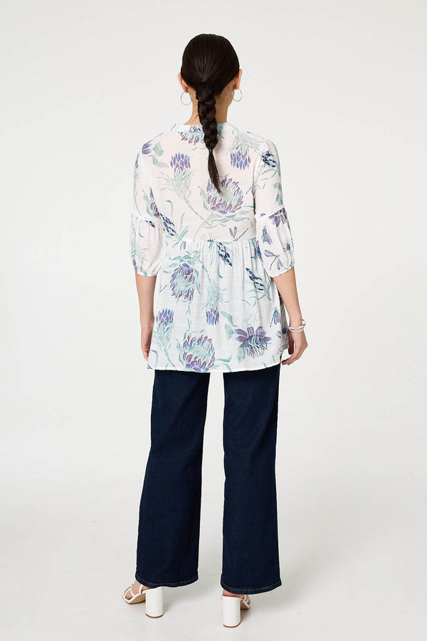 Blue | Floral Lace Ruched 3/4 Sleeve Blouse