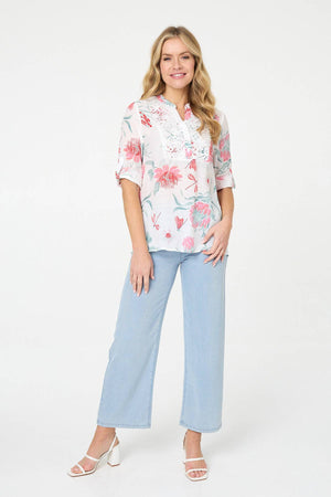 White | Lace Trim 3/4 Sleeve Relaxed Blouse