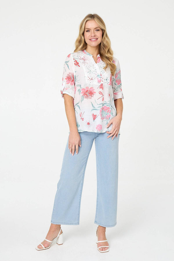 White | Lace Trim 3/4 Sleeve Relaxed Blouse