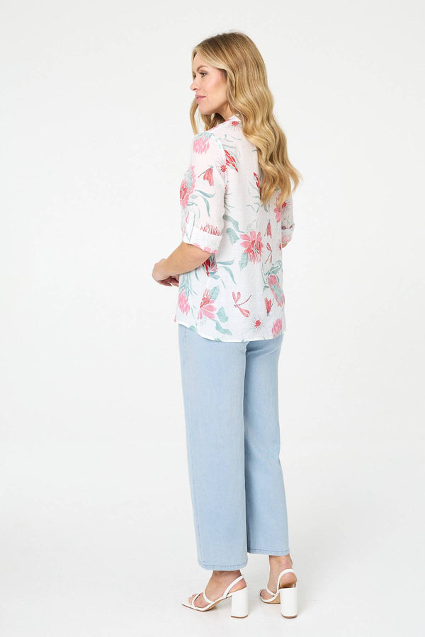 White | Lace Trim 3/4 Sleeve Relaxed Blouse
