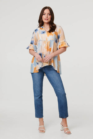 Blue | Printed 1/2 Sleeve Ruched Relaxed Blouse