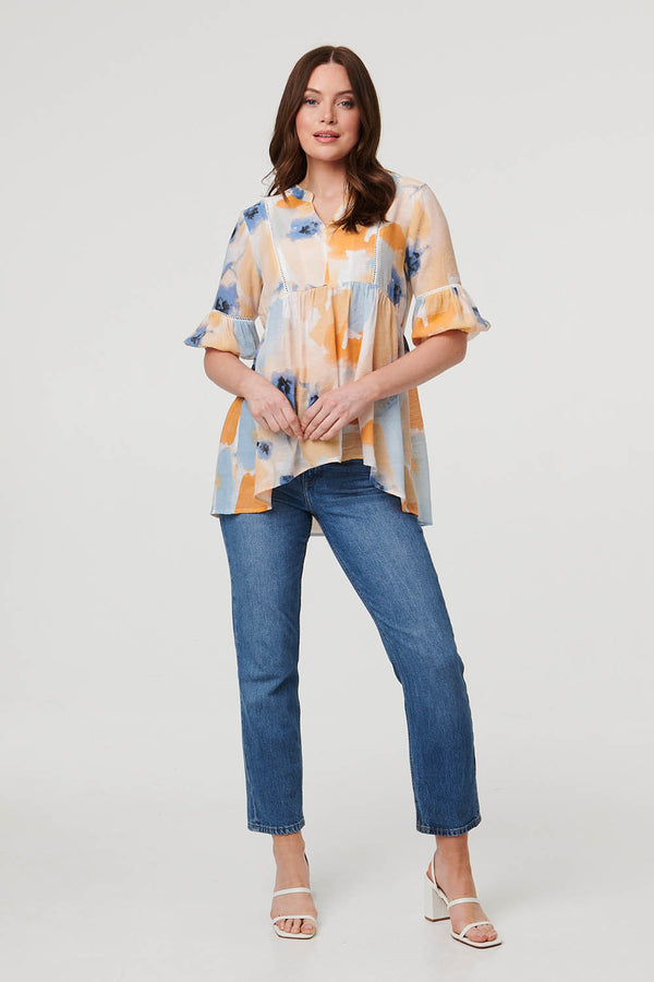 Blue | Printed 1/2 Sleeve Ruched Relaxed Blouse
