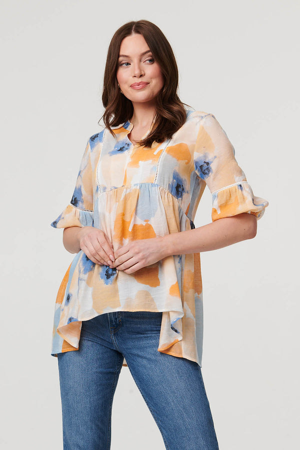 Blue | Printed 1/2 Sleeve Ruched Relaxed Blouse