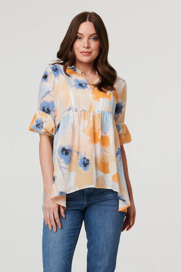 Blue | Printed 1/2 Sleeve Ruched Relaxed Blouse