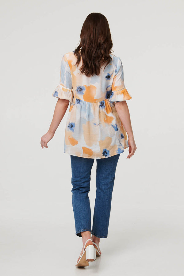 Blue | Printed 1/2 Sleeve Ruched Relaxed Blouse