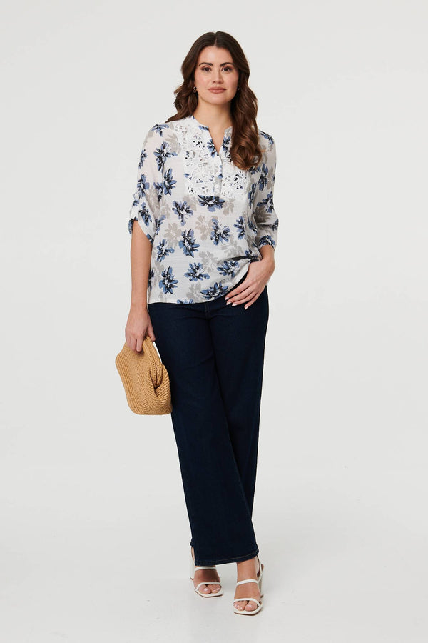 Blue | Floral Lace Trim 3/4 Sleeve Blouse
