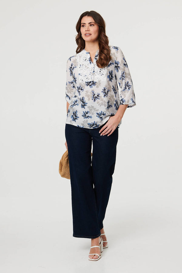 Blue | Floral Lace Trim 3/4 Sleeve Blouse