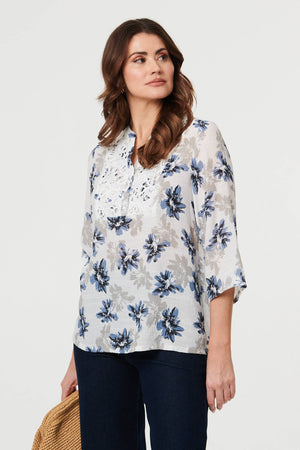 Blue | Floral Lace Trim 3/4 Sleeve Blouse