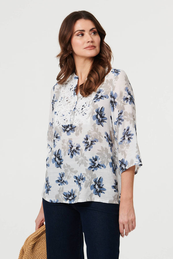 Blue | Floral Lace Trim 3/4 Sleeve Blouse