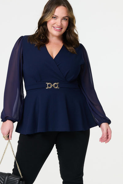 Navy | Curve Sheer Sleeve Wrap Front Blouse