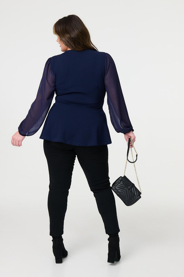 Navy | Curve Sheer Sleeve Wrap Front Blouse