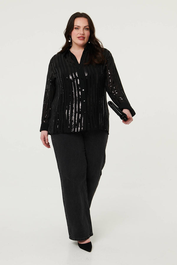Black | Curve Sequin Striped Long Sleeve Shirt