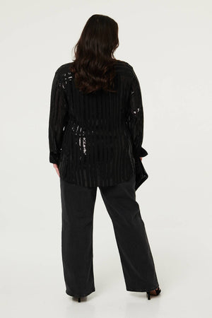 Black | Curve Sequin Striped Long Sleeve Shirt