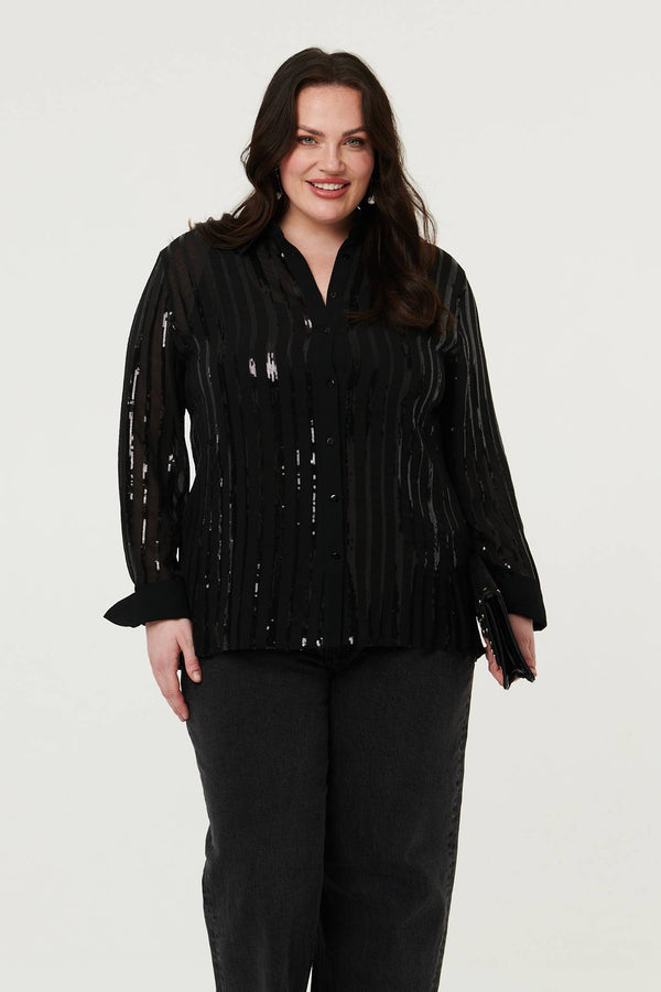 Black | Curve Sequin Striped Long Sleeve Shirt