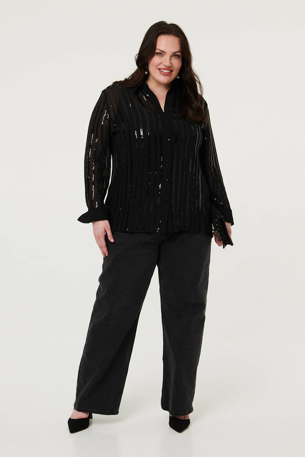 Black | Curve Sequin Striped Long Sleeve Shirt