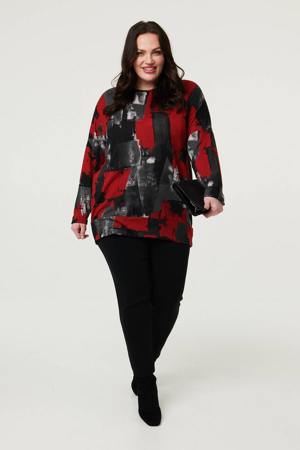 Red | Curve Abstract Knit Long Sleeve Jumper