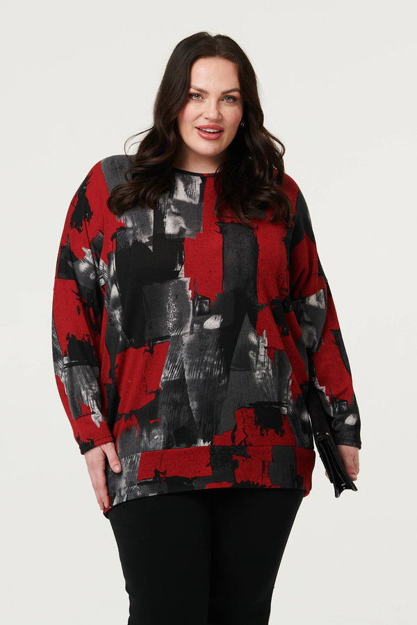 Red | Curve Abstract Knit Long Sleeve Jumper