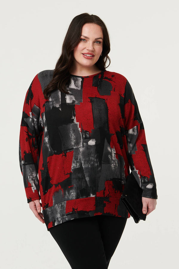 Red | Curve Abstract Knit Long Sleeve Jumper