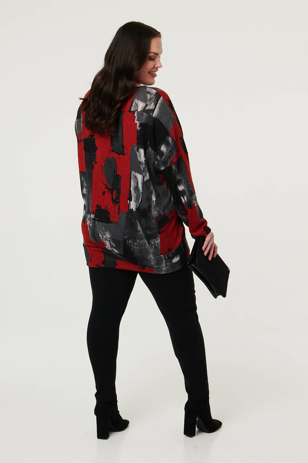 Red | Curve Abstract Knit Long Sleeve Jumper
