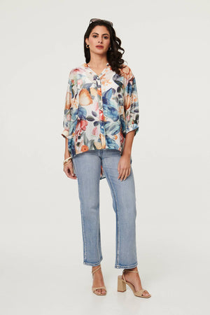 Blue | Abstract Floral Curve Hem Blouse : Model is 5'8