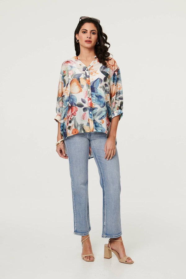 Blue | Abstract Floral Curve Hem Blouse : Model is 5'8"/172 cm and wears UK8/EU36/US4/AUS8