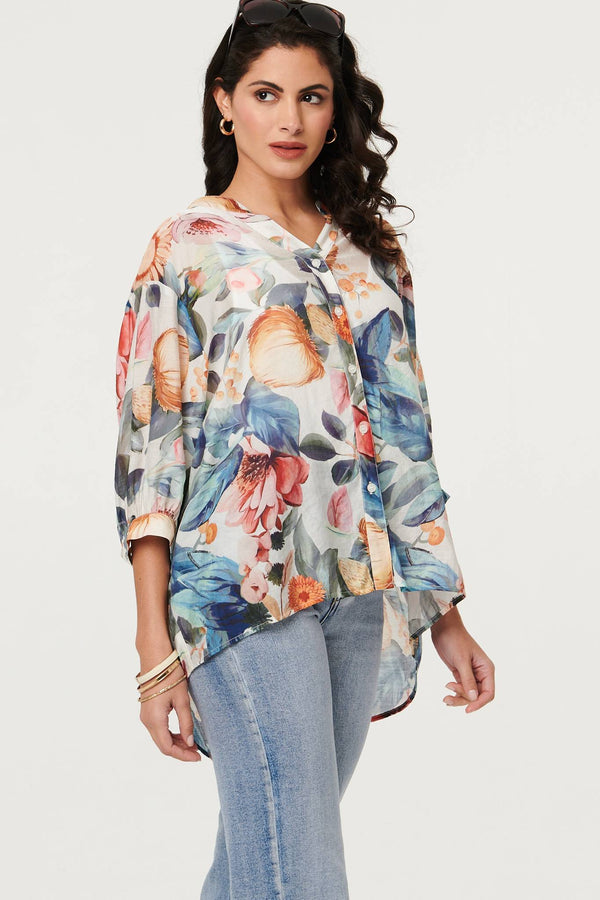 Blue | Abstract Floral Curve Hem Blouse