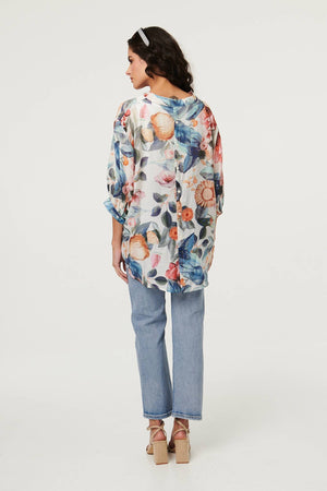 Blue | Abstract Floral Curve Hem Blouse