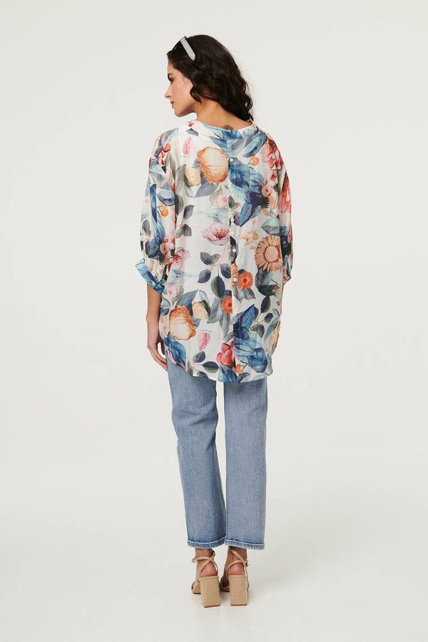 Blue | Abstract Floral Curve Hem Blouse