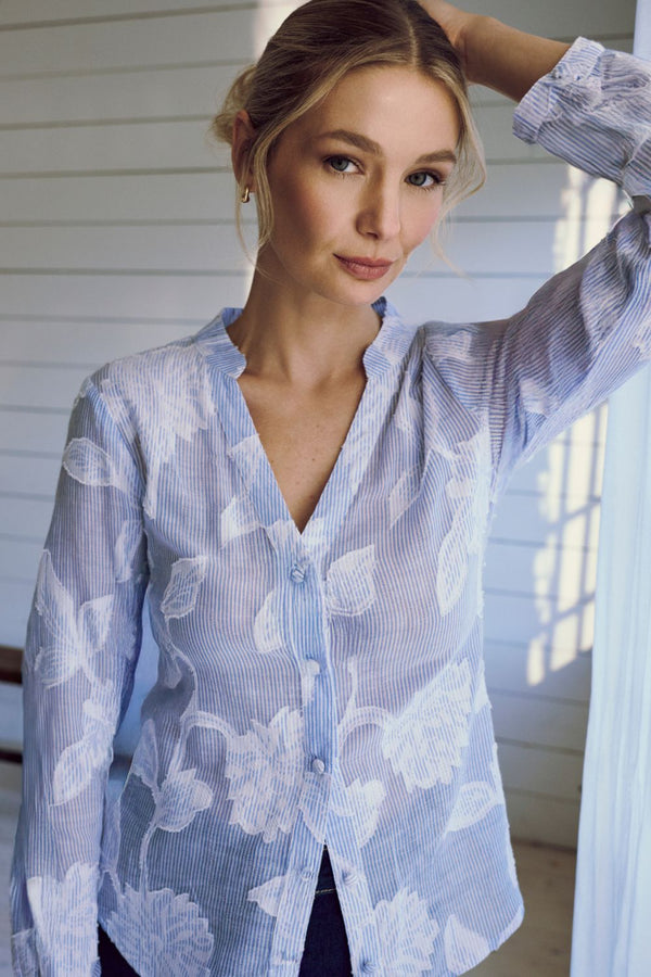 Blue | Floral Textured Long Sleeve Slim Shirt : Model is 5'9"/175 cm and wears UK8/EU36/US4/AUS8