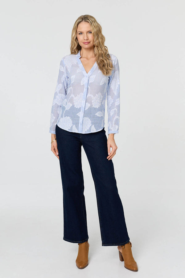 Blue | Floral Textured Long Sleeve Slim Shirt