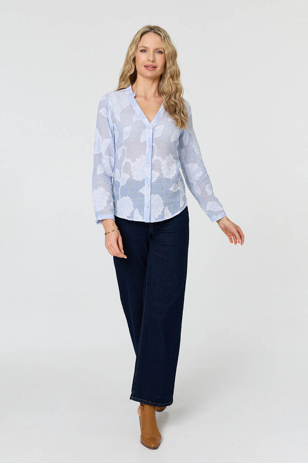 Blue | Floral Textured Long Sleeve Slim Shirt