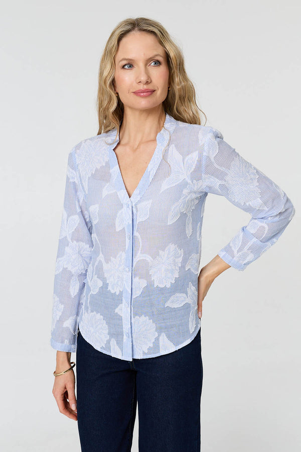 Blue | Floral Textured Long Sleeve Slim Shirt : Model is 5'10"/178 cm and wears UK10/EU38/US6/AUS10