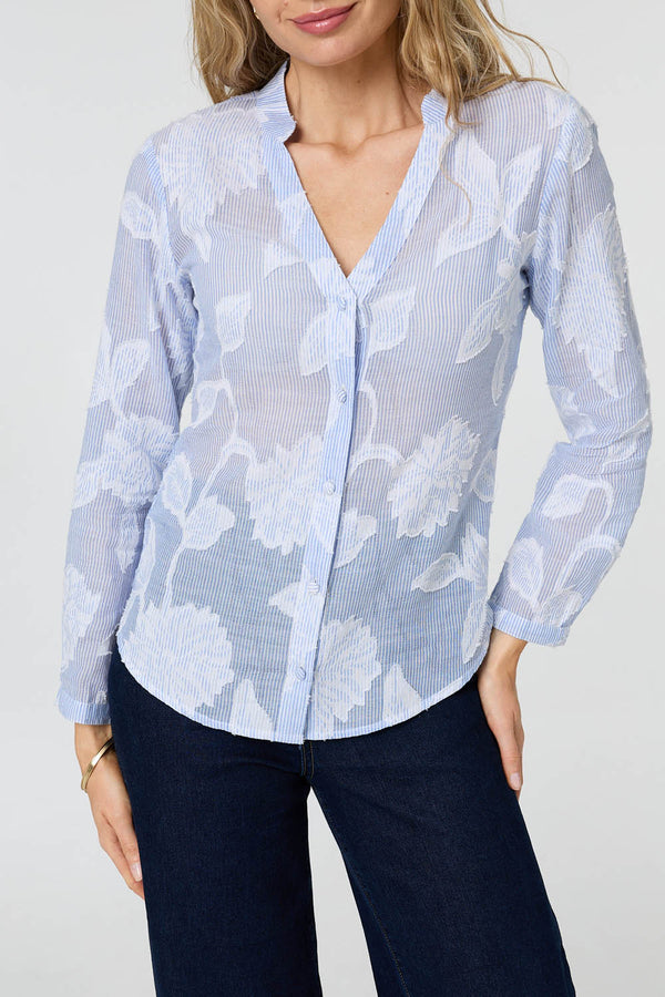 Blue | Floral Textured Long Sleeve Slim Shirt