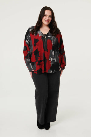 Red | Curve Abstract Zip Front Long Sleeve Top