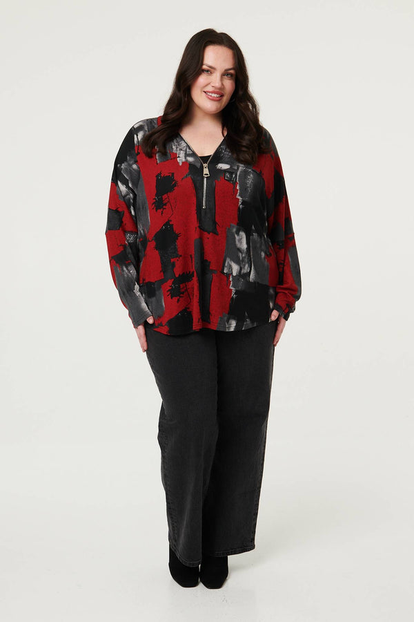 Red | Curve Abstract Zip Front Long Sleeve Top