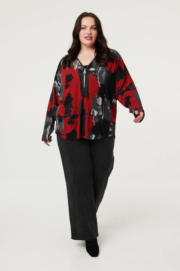 Red | Curve Abstract Zip Front Long Sleeve Top