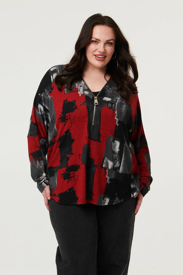 Red | Curve Abstract Zip Front Long Sleeve Top
