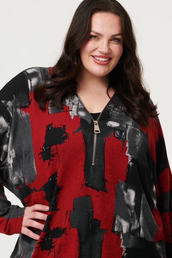 Red | Curve Abstract Zip Front Long Sleeve Top