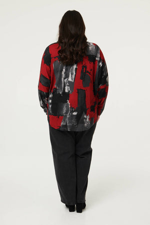 Red | Curve Abstract Zip Front Long Sleeve Top
