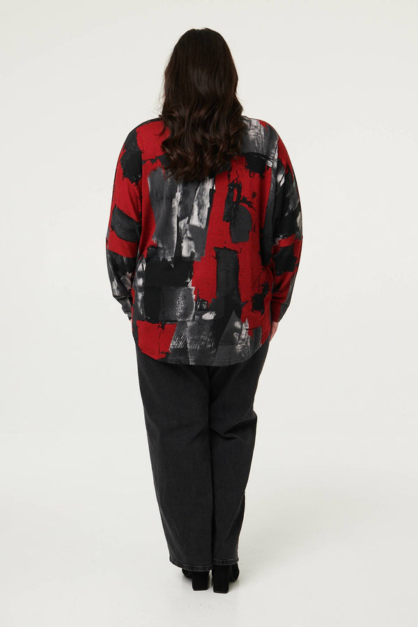 Red | Curve Abstract Zip Front Long Sleeve Top