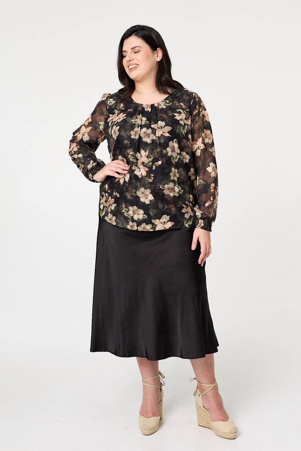 Green | Curve Floral Long Sleeve Layered Blouse