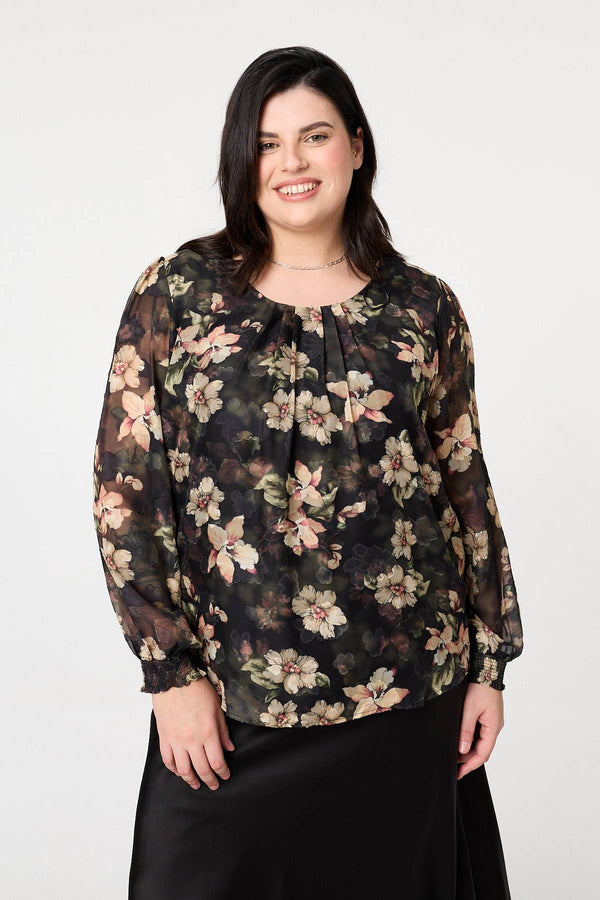 Green | Curve Floral Long Sleeve Layered Blouse